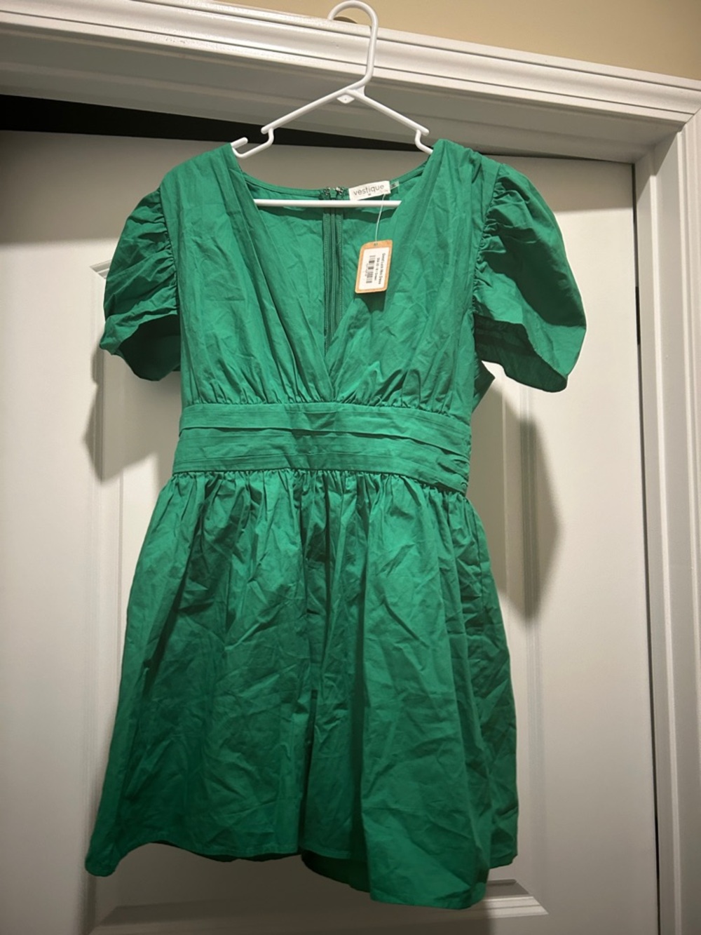 Green V-Neck Puff Sleeve Mini Dress